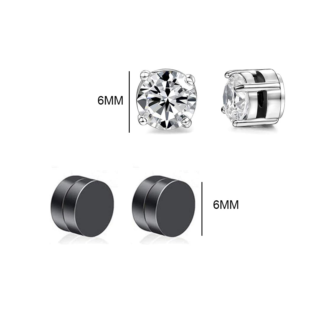 LIUJZZJ 6 Pairs Stainless Steel Magnetic Earrings for Men Women Girls Magnetic Stud Earrings Clips Tunnel Ear Clips Without Ear Hole Non Piercing Earrings Set Black Silver Tone, Stainless Steel
