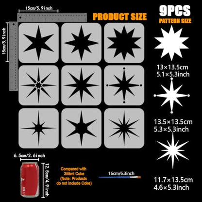 FINGERINSPIRE 9PCS Stars Stencils with 1Pc Plastic Paint Brush 5.9x5.9inch 9 Styles Star Burst Pattern Drawing Templates for Painting on Wood Canvas Fabric Wall Furniture