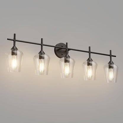 Ralbay Vintage Black Bathroom Vanity Light 5-Lights Industrial Matte Black Finish with Clear Glass Vanity Lights Farmhouse Bathroom Lighting fixtures