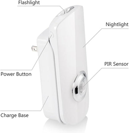 3-in-1 LED Night Light with Motion Sensor & Flashlight, Rechargeable Emergency Light, Auto Sensing Portable Wall Mount - White