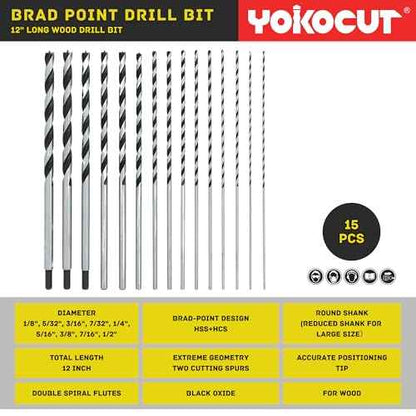 Brad Point Drill Bits Set, 15pcs 12 Inch Long Wood Drill Bits, 1/8" to 1/2" Brad Point Drill Bits for Woodworking, Extra Long Drill Bit for Hardwood, Plywood, PVC, Drywall, Engineered Composites