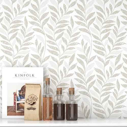 Leaf Peel and Stick Wallpaper Boho 17.3" X 78.8" Beige and White Wallpaper Self Adhesive Removable Wall Paper for Bathroom Kitchen Wallpapers Leaf Contact Paper for Walls Vinyl Roll