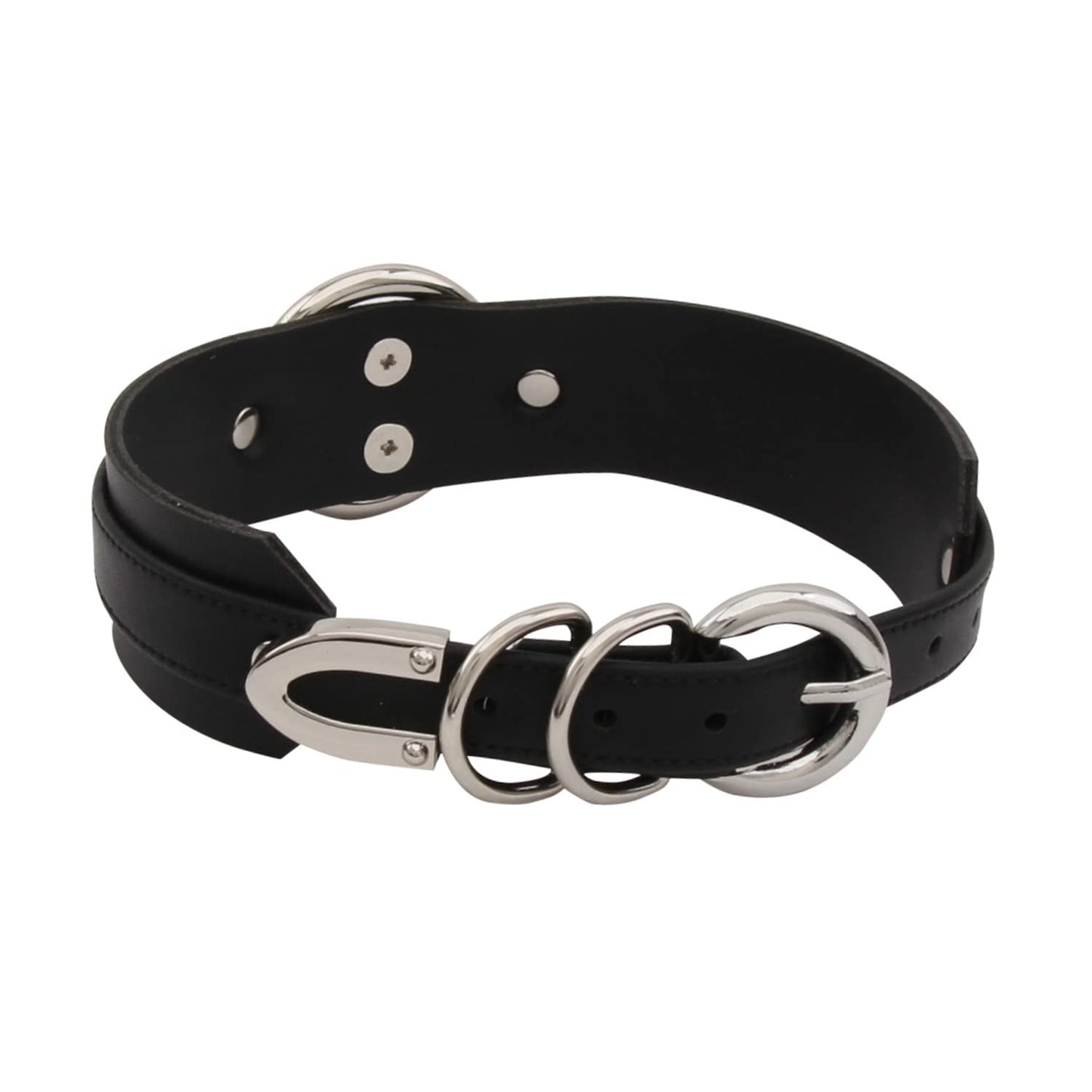 Lookook Fashion O-Ring Faux Leather Choker Necklaces Collar For Womens (Black Silver)