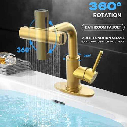 Gold Bathroom Faucet with Sprayer - Brushed Gold Bathroom Faucets for Sink 1 Hole or 3 Holes, 4 Mode Single Handle Vanity Faucet Waterfall Bathroom Faucet with Pull Down Sprayer (No Drain)