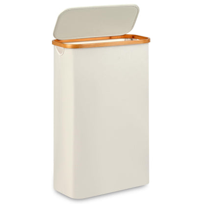 Merkisa Slim Laundry Hamper,Narrow laundry Hamper with Lid,60L Hamper for Laundry,Dirty Cloth Hamper with Bamboo Handle for Towels, Clothes Organizing,Beige