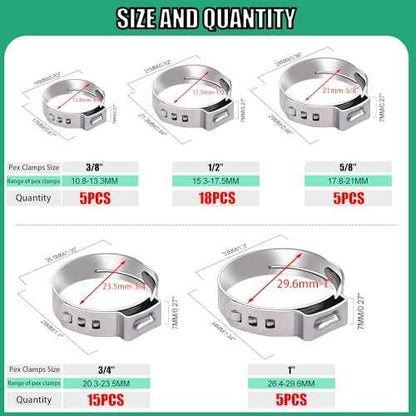 Twidec/48PCS 3/8",1/2",3/4",5/8",1" PEX Cinch Clamps Kit 5 size,Stainless Steel Pex Crimp Rings,Single Ear Hose Clamps For Pex Pipe Fitting Connections N-058-48PCS
