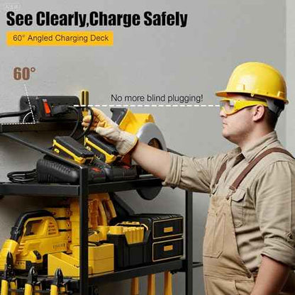 Power Tool Organizer With Charging Station, Heavy Duty Steel 4 Slots, Tool Battery Holder with 4 Outlet Power Strip, Easy To Install Garage Storage Rack for Workshop/Shed Gift For Men