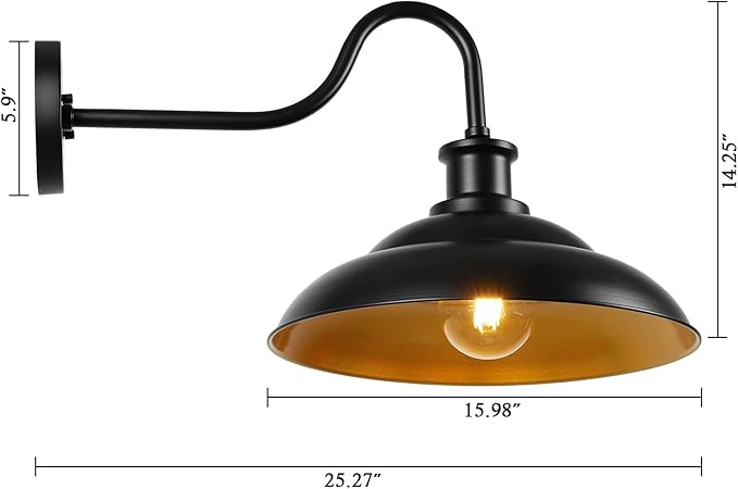 Outdoor Barn Gooseneck Light Fixture, Farmhouse 16 Inch Dome Large Black Exterior Wall Sconce, Industrial Wall Lantern for Porch, House, Garage, Patio, Front, 2 Pack