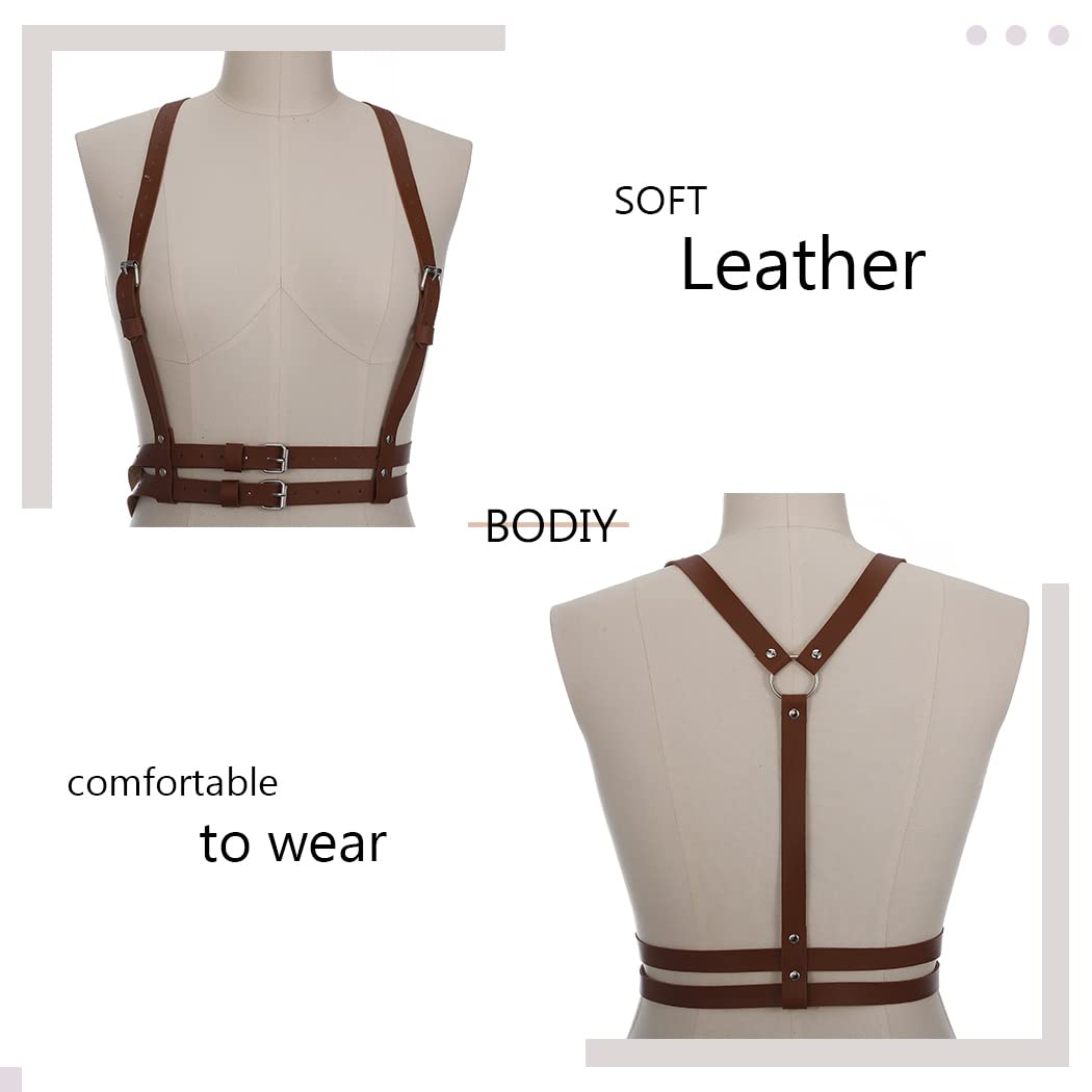 BODIY Women Waist Belt Straps Brown PU Leather Vest Adjustable Buckle Belts Punk Goth Waist Strap for Halloween Dresses Costume