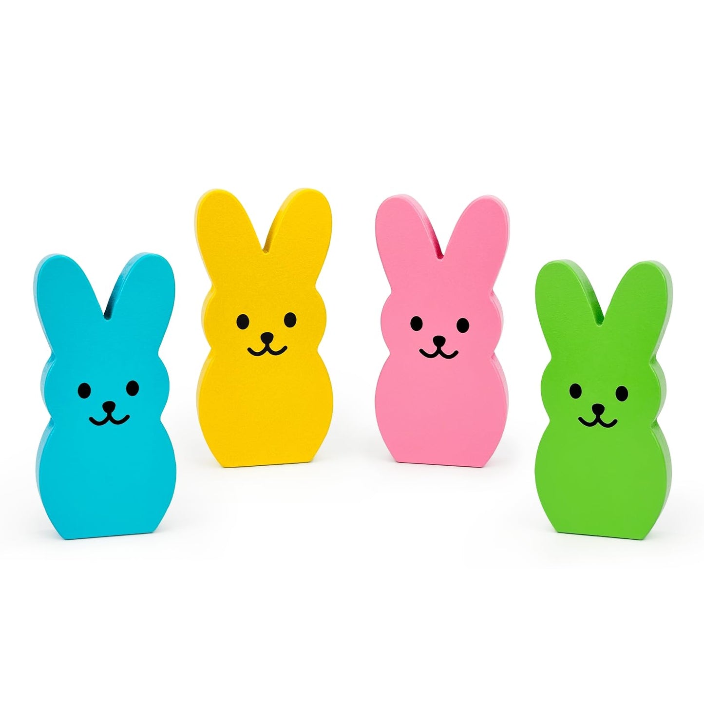 Easter Decorations - 4 PCS Wooden Bunny Decor for Home Table, Spring Peeps Signs Centerpiece for Office Mantel Tiered Tray, Easter Basket Stuffers Party Essentials Gifts for Classroom Indoor Shelf