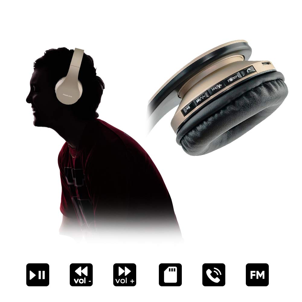 PowerLocus Wireless Bluetooth Over-Ear Stereo Foldable Headphones, Wired Headsets Rechargeable with Built-in Microphone for iPhone, Samsung, LG, iPad (Gold)