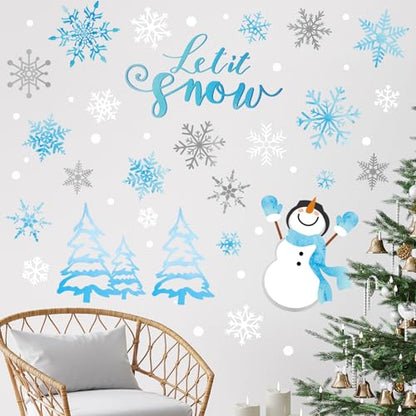 Winter Snowflake Snowman Wall Stickers Christmas Window Decals Small Room Mural Stickers for Party Home Bedroom Kitchen Decor, 7.9 x 11.8 Inch, 9 Sheets