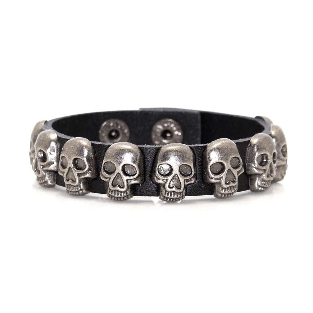 Xusamss Punk Rock Alloy Buckle Leather Wristband Skull Cuff Bracelet(Black Leather)