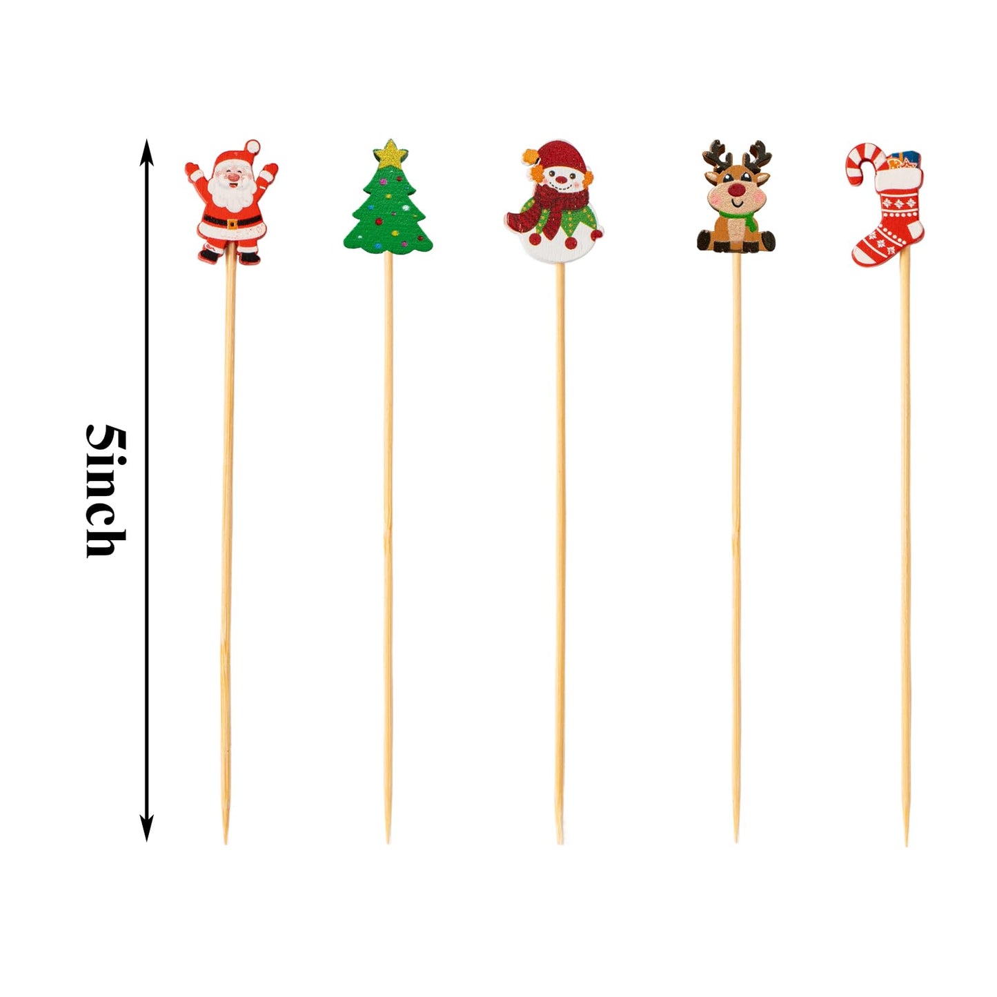 Jiesky 125pcs 5in Christmas Cocktail Picks Christmas Tree Snowman Santa Claus Reindeer Christmas Stocking Bamboo Cocktail Toothpicks Fruit Food Appetizer for Christmas Party Decorations