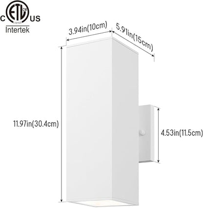 mirrea Modern Outdoor Porch Light Patio Light in 2 Lights with Aluminum Rectangular Tube and Tempered Glass Cover Waterproof Wall Sconce 2 Pack (Matte White)