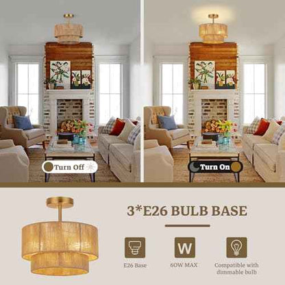3-Light Boho Light Fixtures Ceiling Mount,12.6'' Rattan Semi Flush Mount Ceiling Light Fixture,Coastal Hemp rope Drum Light Fixtures with 2-Tier Shade, Farmhouse Light Fixture for Bedroom Hallway