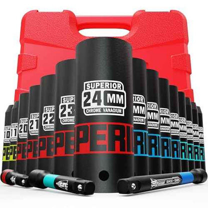 18 Piece 1/2" Drive Deep Impact Socket Set, 10mm - 24mm, with Extension Bars:3-inch, 5-inch, 10-inch, Metric, 6-Point, CR-V Steel, Automotive Maintenance, Machinery Manufacturing
