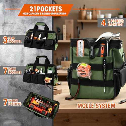 LLNDEI Heavy Duty Tool Bag, 15 Inch Portable Tool Organizer With 16-Pocket, Adjustable Strap & MOLLE System,Ideal Gift For Men & Fathers