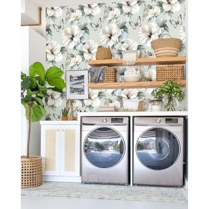 Floral Peel and Stick Wallpaper White Flower Contact Paper 16.9inch x 196.8inch Oil Painting Modern Wall Paper Butterfly Removable Large Floral Decorative Wallpaper Flower Waterproof Vinyl
