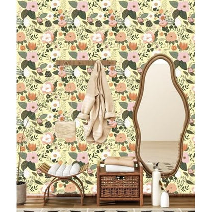 Danodoi Yellow Floral Peel and Stick Wallpaper Vintage Blue Contact Paper Pink Flower Wall Mural Home Vinyl Waterproof Self Adhesive Removable Renter Friendly Wall Paper 17.5" x 118"