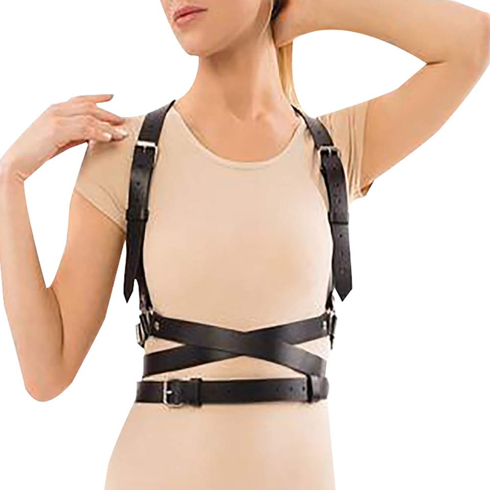 Pinwe Leather Body Chest Straps Punk Harness Caged Waist Belt Gothic Body Chain Strappy Adjustable for Women(PW003)