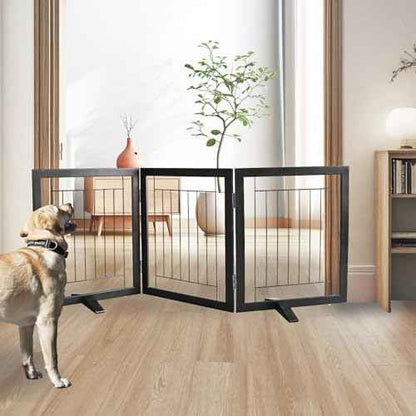 ZJSF Freestanding Dog Gate Indoor, Foldable Dog Fence for Doorways,Hallways or Stairs, Sturdy Wood Extra Wide Pet Gate with Support Feet,Black,24 "Height-3 Panels