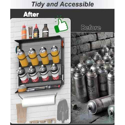 Spray Paint Can Holder with Paper Towel Holder for Home Garage Organizer, Wall Mount Paint Bottle Tool Utility Storage Rack with 8 Holes & 2 Shelf for Shop, Black