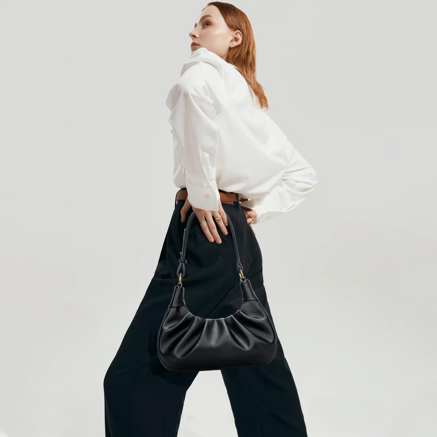 KKXIU Shoulder Bag Crescent Handbag Ruched Purse Underarm Bag Mini Hobo for Women, Detachable Gold Chain Crossbody Bag - Black