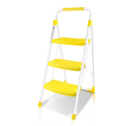 TOOLITIN 3 Step Ladder, Folding Step Stool with Wide Anti-Slip Pedal, 500lbs Sturdy Steel Ladder, Convenient Handgrip, Lightweight, Portable Steel Step Stool for Household, Kitchen, Office, Yellow