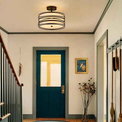 Drum Semi Flush Mount Ceiling Light Fixture Vintage Modern Farmhouse 2-Lights Linen Drum Ceiling Lighting Rustic Black Ceiling lamp for Dining Room, Bedroom, Kitchen, Laundry Room