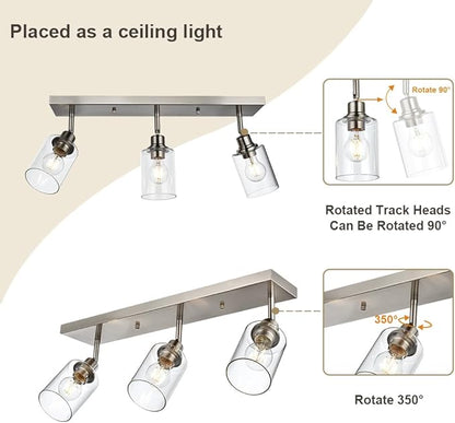 VINLUZ 3 Light Interior Wall Mounted Lights Metal Black Bathroom Lighting Multi-Directional Rotating Metal Ceiling Light Fixture with Clear Glass Industrial Spotlight for Kitchen Foyer