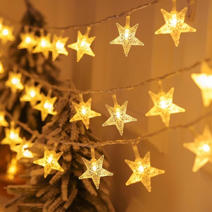 Star String Lights 17 ft 50 LED Battery Operated, Fairy Lights for Bedroom, String Lights for Kids Bedroom Wedding Mantel Patio Christmas Holiday Dorm Decor, Warm White