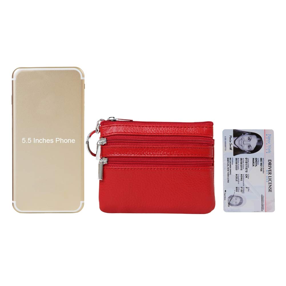 Women's Genuine Leather Coin Purse Mini Pouch Change Wallet with Keychain,red