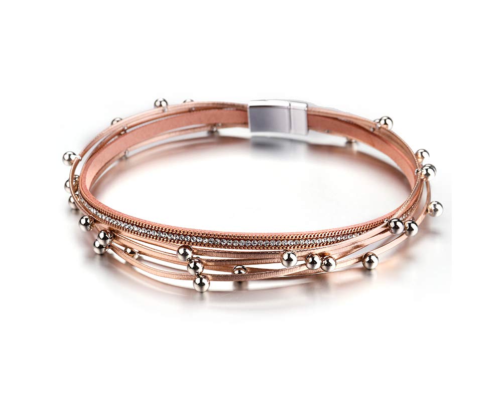 Fesciory Leather Wrap Bracelets for Women, Boho Leopard Multi-Layer Crystal Beads Cuff Bracelet Jewelry (RoseGold Beads)