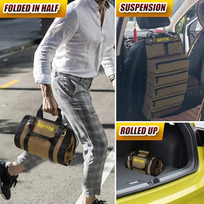 Premium Tool Roll up Bag - Heavy Duty Small Tool Bag Organizer and Storage with W/Detachable Pouches,Waterproof Oxford Cloth,Suitable for Motorcycle,Truck,Electrician,Mechanics etc,Brown