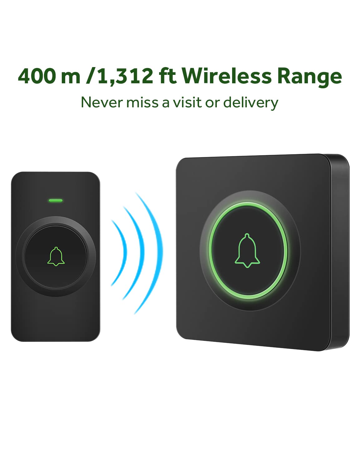 AVANTEK Wireless Doorbell D-3C, 1300 ft Long Range Door Chime Kit, 52 Melodies, Up to 115dB Volume and LED Flash with 2 Plug-In Receivers & 1 Push Button, Black