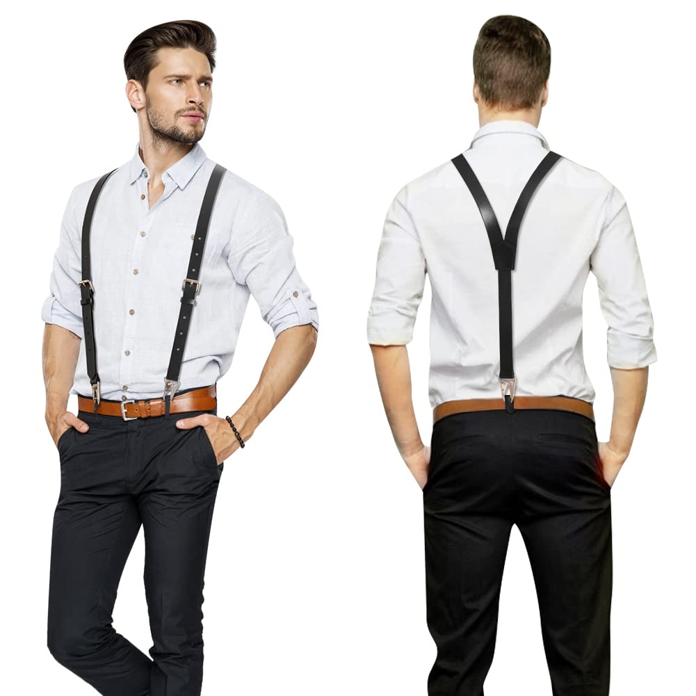 Ringsun Genuine Leather Suspenders for Men, Y Design Hidden Suspenders Under Clothes with 3 Snap Loop, Adjustable Accessories for Men Wedding & Party Essentials, Black