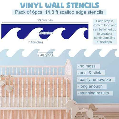 Fuutreo 6 Pcs 14.8 ft Vinyl Sea Waves Stencil for Wall Removable Wave Edge Paint Stencils Self Adhesive Wall Stencil for Home Bedroom Living Room Nursery DIY Painting Decorations