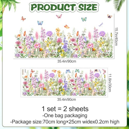 Floral Plants Grass Wall Stickers Colorful Butterfly Flower Wall Decals Wildflower Garden Wall Murals Peel and Stick Girls Bedroom Classroom Vinyl Wall Decals MS3167