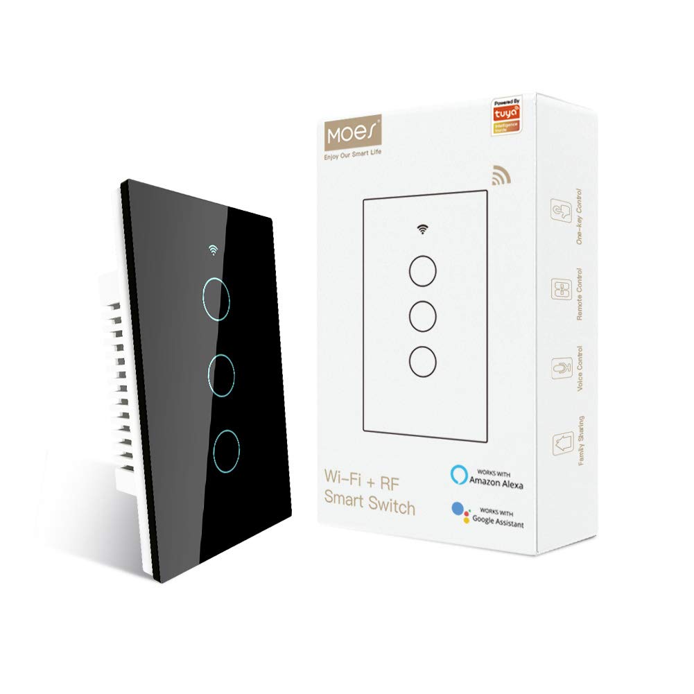 MOES Touch Wall Single Live Wire Smart Switch，No Neutral Wire Needed, 2.4GHz WiFi RF433 Light Switch Works with Smart Life/Tuya App, Alexa and Google Home, Single Pole 110V, White 1 Gang