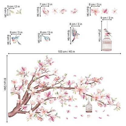 wondever Cherry Blossom Flowers Wall Stickers Pink Magnolia Floral Tree Branch Birds Peel and Stick Wall Art Decals for Living Room Bedroom TV Wall