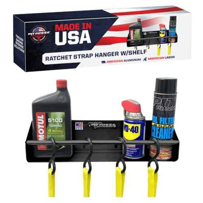 Pit Posse 465BK Tie Down Hanger Holder Storage Rack Organizer for Garage Trailer Shop - Made in USA - Aluminum Ratchet Strap Shelf for Block Garage Wall, Drywall, Wood, or Steel Trailer Studs (Black)