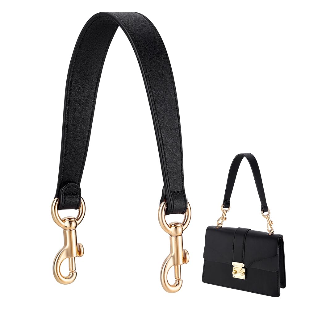 PH PandaHall 15 Inch Short Purse Strap, 1.1 Inch Wide Genuine Leather Bag Strap Black Bag Handles Replacement Puse Handles for Women Men DIY Underarm Bag Handbag Shoulder Bag, Golden Hardware