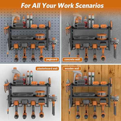 Power Tool Organizer Wall Mount, Drill Holder, Organizers and Storage for Workshop, Garage, Heavy Duty Metal Rack, 4 Drill Holders, 3 Layers, Black