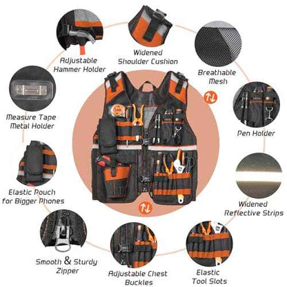 Electrician Tool Vest for Men, Reflective Safety Work Vest with Adjustable Thick Straps, Removable Phone Holder for Electrical, Carpenters, Construction, 22 Pockets