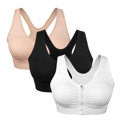 WANAYOU Racerback Sports Bra, Women's Zip Wire-Free Yoga Sports Bra (L:Fit 34C,34,34D,34DD,36B,36C,38A,38B, 3 Pack(Black+Flesh+White))