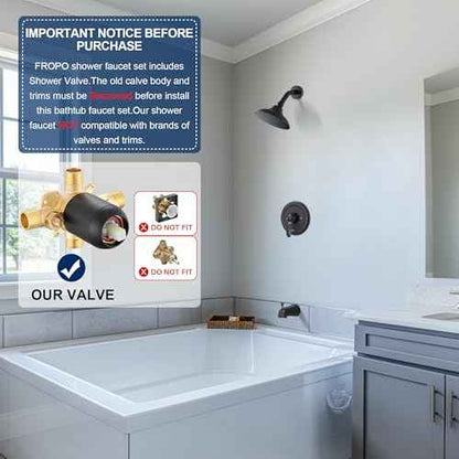 Black Tub Shower Faucet Set with (Valve Included) - 6 Inch Shower Head and Handle Set Matte Black, Tub and Shower Trim Kit with High-Pressure Rain Shower Head and Tub Spout
