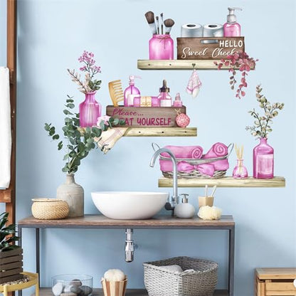 Pink Towel Shelf Wall Stickers, sacinora Cosmetic Brush Organizer DIY Wall Decals Removable Vinyl Peel and Stick for Girls Women Bathroom Restroom Toilet Art Home Decoration