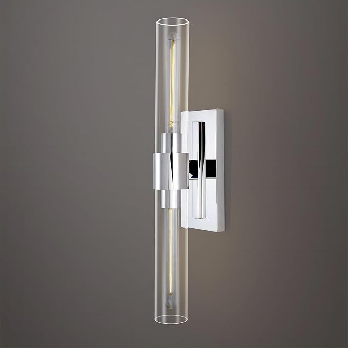 Nickel Bathroom Vanity Light, 2-Light Bathroom Wall Sconce Over Mirror, Chrome Vanity Lights for Bathroom, Dimmable Vanity Sconce with Glass Tube, Indoor Linear Wall Sconce for vertical and horizontal
