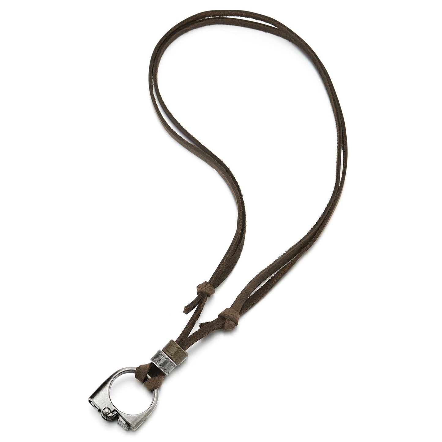 COOLSTEELANDBEYOND Old Metal Lighter Ring Charm Pendant Necklace with Adjustable Brown Leather Cord, Mens Womens